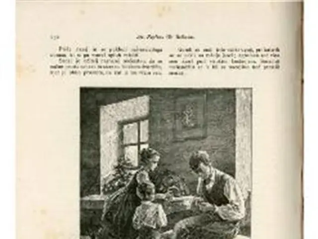 The image shows an old book with a drawing of a man and woman sitting on a bench in front of a...