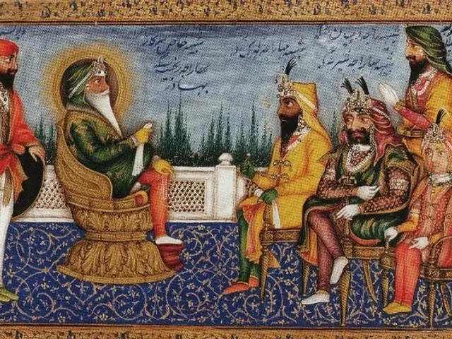 The image shows a painting of a group of men sitting around a table, with one man standing and...