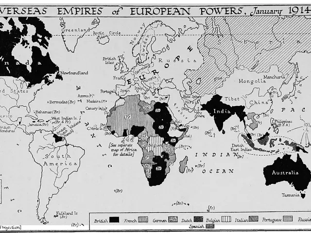 The image shows a black and white poster of a map of the world with the names of the empires of...