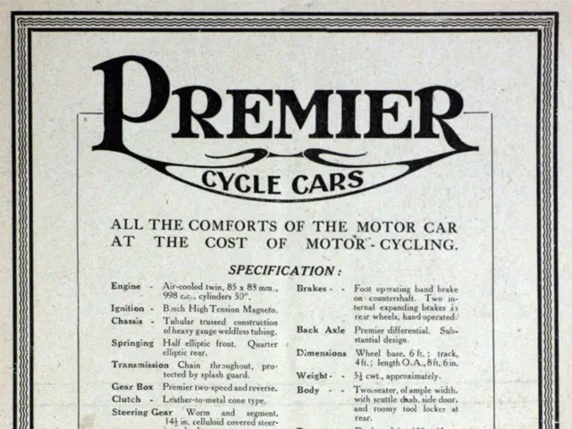 The image shows an advertisement for the Premier Cycle Cars, featuring a poster with text and an...