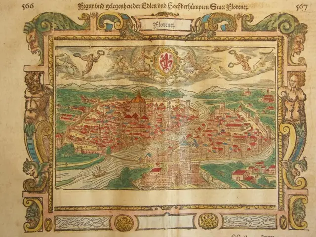 The image shows an old book with a map of the city of London on it. The map is framed with...