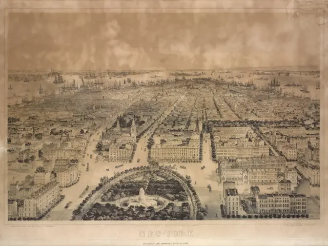 The image shows an aerial view of the city of New York, with many buildings, trees, and a fountain...