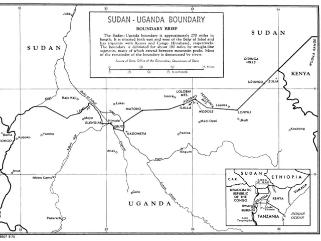The image shows a black and white poster with a map of the Sudan-Uganda Boundary. The map is...