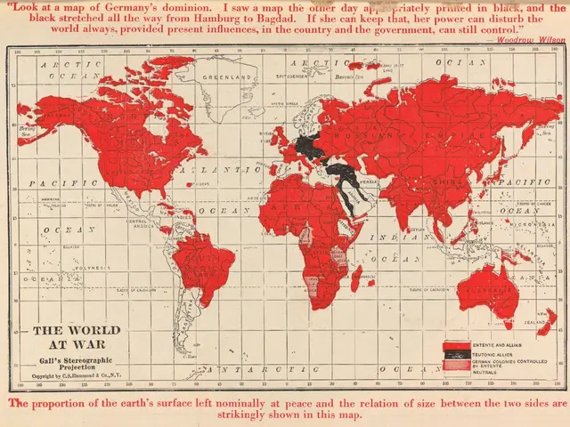 The image shows a poster with a map of the world in red and black, with the words "The World at...