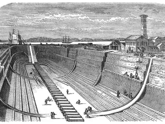 The image shows a black and white drawing of a large dam with people on it, surrounded by...