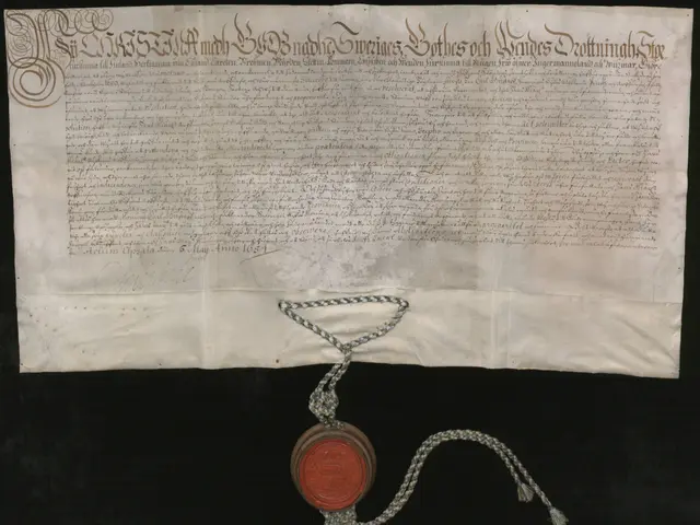 The image shows an old document with a red wax seal on it, attached to a chain. The document...
