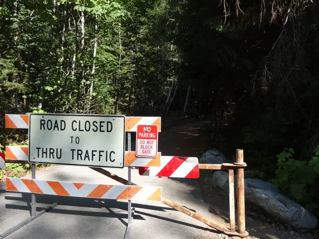 The image shows a road closed to thru traffic sign on the side of a road, surrounded by trees and...
