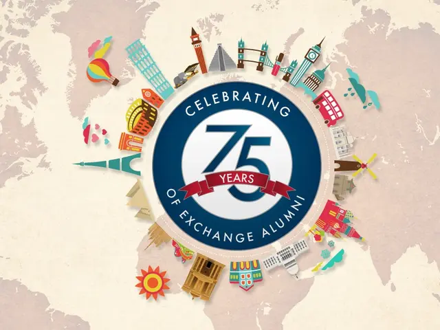 The image shows a world map with the words "Celebrating 75 Years of Exchange Alumni" in the center,...