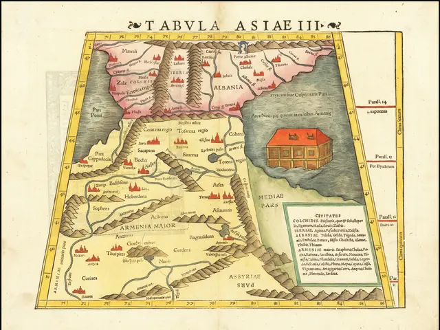 The image shows an old map of the Middle East with a house in the middle of it. The map is framed...