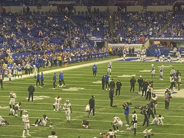 The image shows a football game being played in a stadium, with a group of people standing on the...