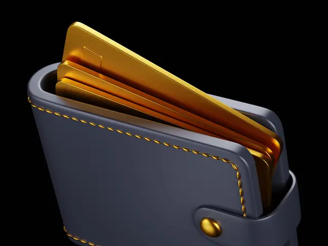 The image shows a blue wallet filled with gold credit cards against a white background.