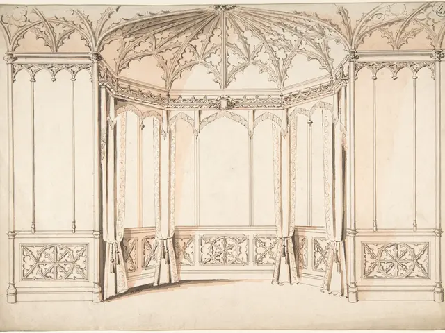 The image shows a drawing of a room with a gothic ceiling, featuring intricate designs and...