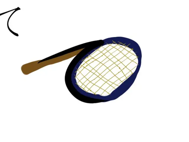 The image shows a tennis racket on a white background with an arrow pointing to the right. The...