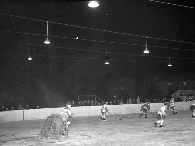 The image shows a group of people playing hockey on an ice rink at night. They are wearing helmets...