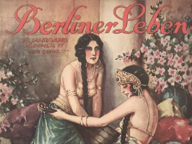 The image shows a poster of two women sitting on a bed surrounded by pillows and plants with...