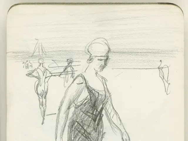 The image shows a sketch of a woman in a bathing suit walking on the beach. She is wearing a long,...