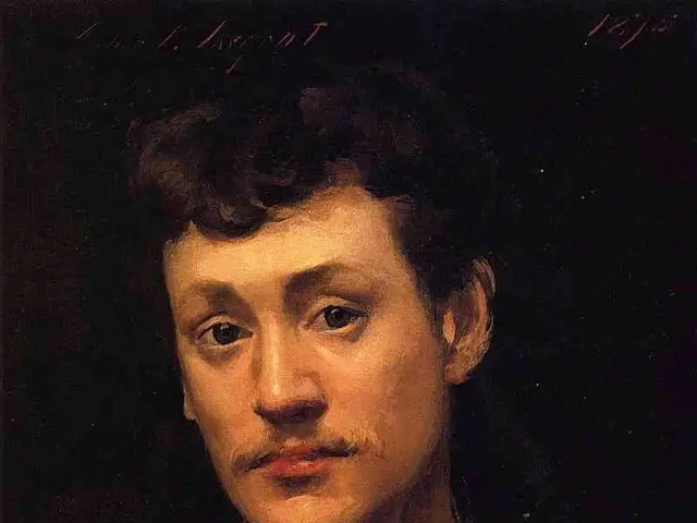 The image shows a painting of a man in a suit and tie, with a dark background and text at the top...