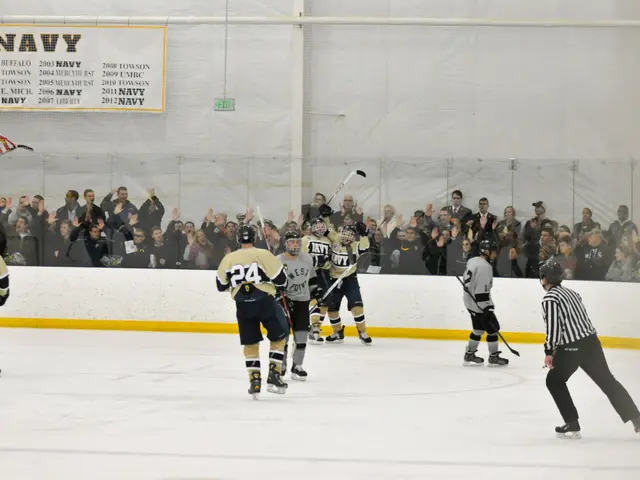 The image shows a group of people playing a game of ice hockey on an ice rink. They are wearing...