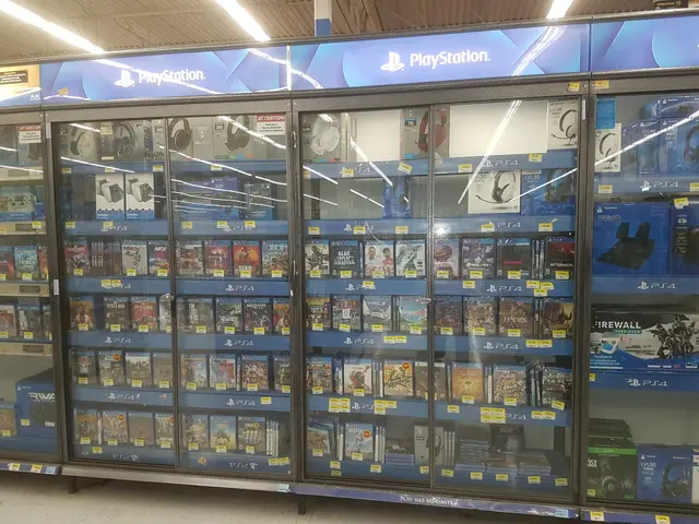 The image shows a store filled with lots of different types of video games, arranged in racks with...
