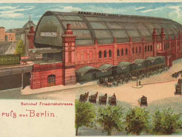 The image shows an old postcard of a train station in Berlin, Germany. It features a building,...