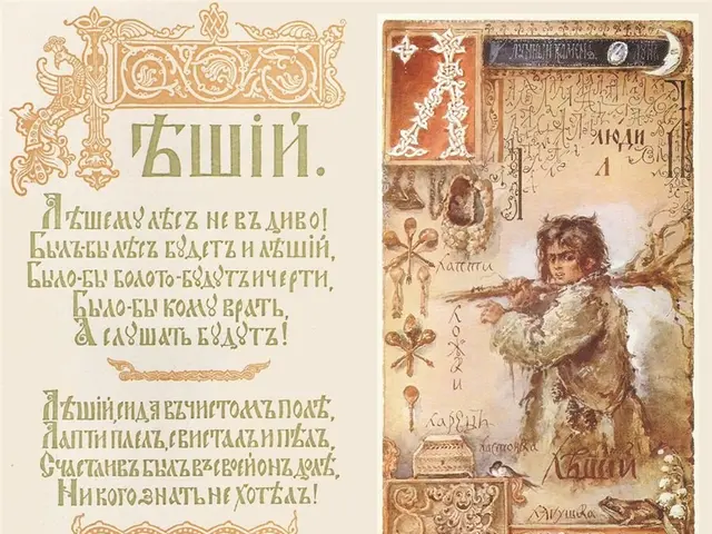 The image shows a poster with a painting of a man holding a sword in one hand and a book in the...