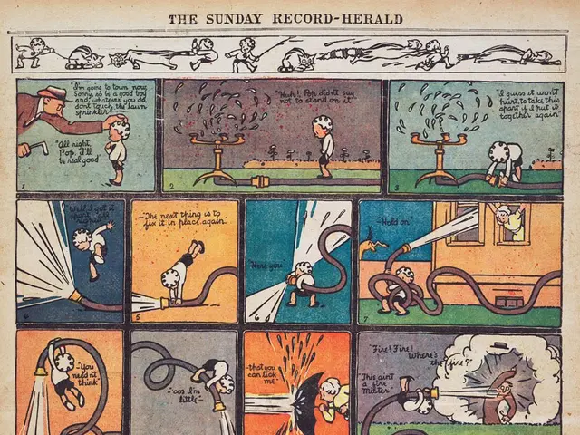 The image shows a paper with a comic strip featuring a cartoon of a man in a suit and tie. The...