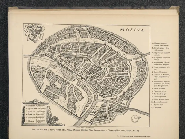 The image shows an old book with a map of Moscow on it. The map is detailed and shows the streets,...