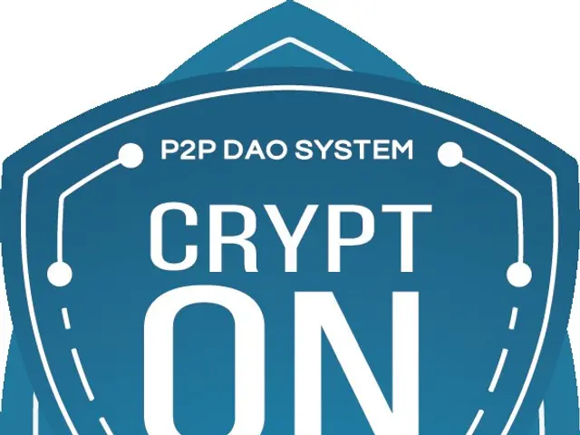 The image shows a blue shield with the words "Crypt On" written on it against a white background.