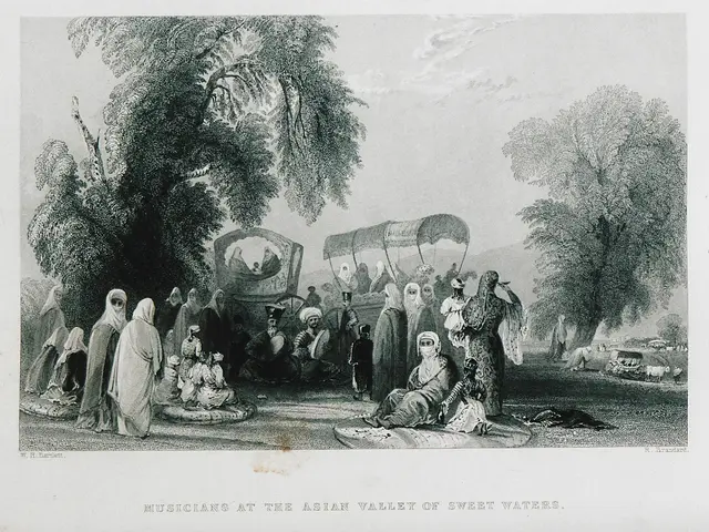 The image shows a group of musicians at the Asian Valley of Sweet Waters, with trees in the...