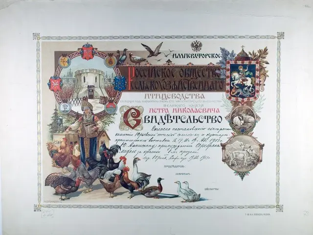 The image shows an old document with a picture of a man standing in front of a group of hens,...