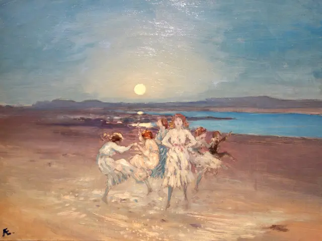 The image shows a painting of a group of people dancing on the beach at sunset, with the sun...