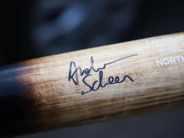 The image shows a close up of a hockey stick with a signature on it. The stick is made of wood and...