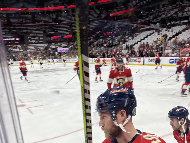 The image shows a group of people wearing helmets and gloves, holding hockey sticks, standing on...
