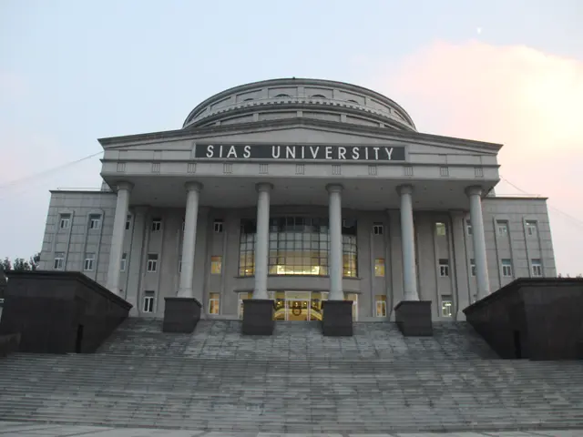 The image shows a large building with pillars, windows, doors and steps in front of it, surrounded...