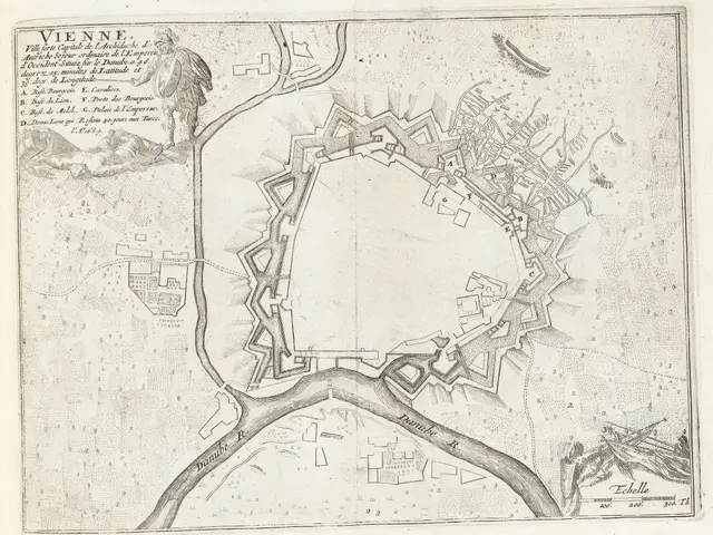 The image shows an old map of the city of Vienna, Austria, with a person standing in the center....