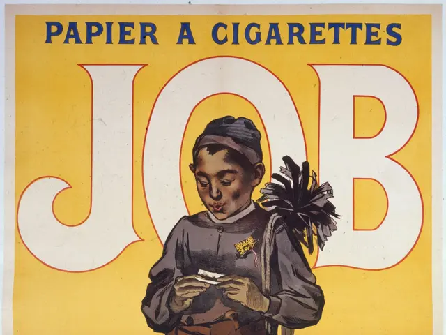 The image shows a poster with a young boy holding a cigarette in his hand. The poster has text...