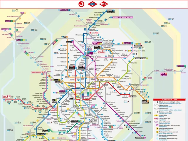 The image shows a poster of a map of the Madrid Metro System, with text detailing the various lines...