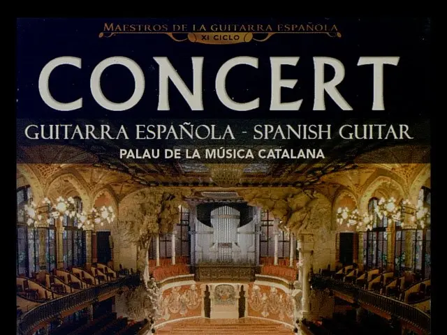 The image shows a poster for a concert featuring a group of people holding guitars. The poster has...