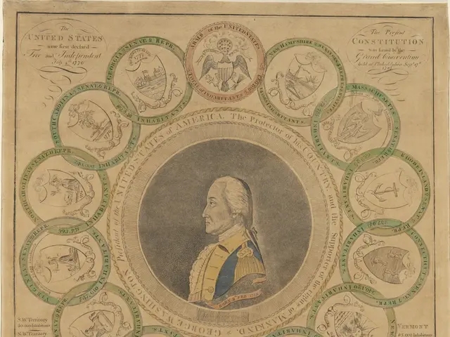 The image shows a paper with a portrait of George Washington in the center, surrounded by a display...
