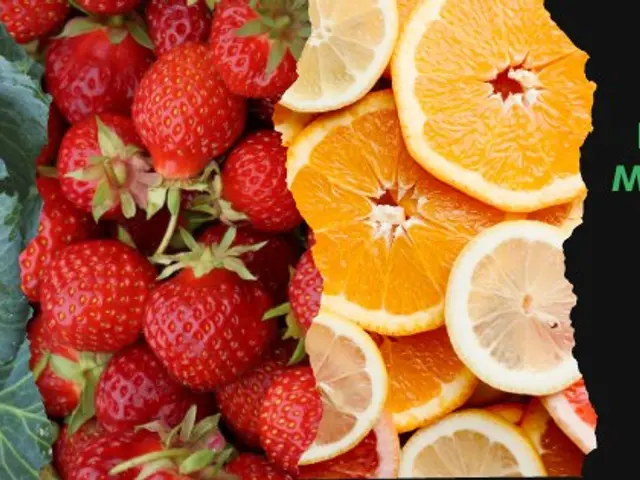 The image shows a variety of fruits and vegetables, including strawberries, oranges, and cabbage,...