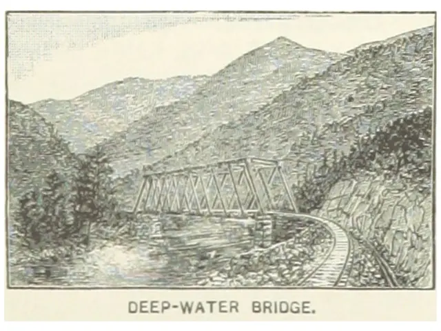 The image shows a deep-water bridge spanning a river, with hills and trees in the background. At...