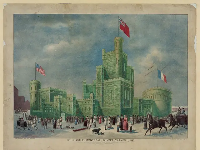 The image shows an ice castle in Montreal during the winter carnival of 1887. There are people,...