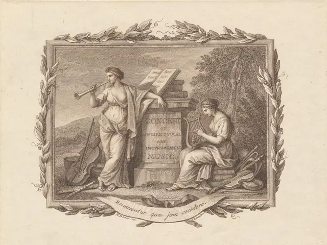 The image shows an engraving of a woman playing a flute and a man playing a harp, surrounded by...