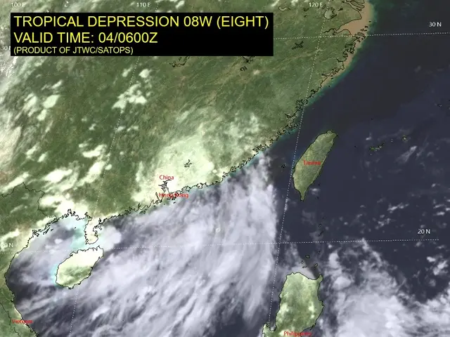 The image shows a satellite view of Tropical Depression 08W in the Philippines, with text at the...