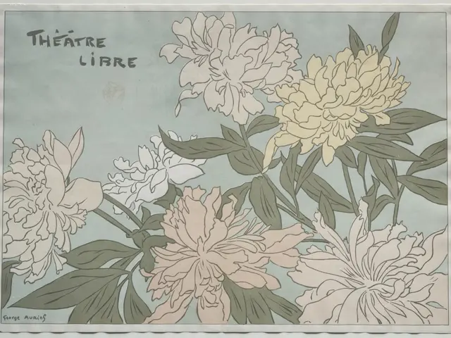 The image shows a painting of peonies on a blue background with the words "Theatre Libre" written...