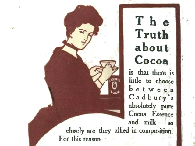 The image shows an advertisement for Cadbury's Cocoa, featuring a woman holding a cup of cocoa in...