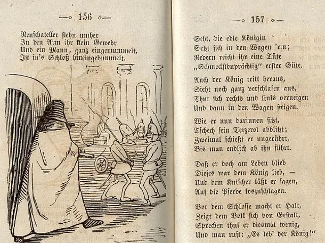 The image shows an open book with a drawing of a man in a hat and a woman in a dress, both of whom...