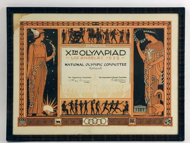 The image shows a poster for the 1932 Olympic Games in Los Angeles, California. It features a...