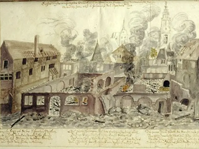 The image shows an old book with a drawing of a city in the middle of it, depicting the aftermath...