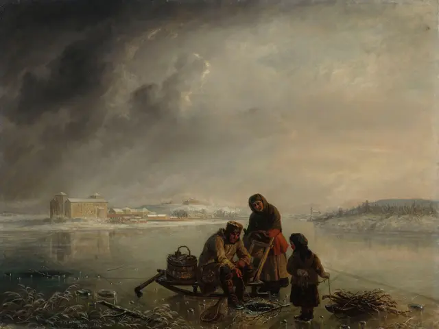 The image shows a painting of a group of people on a frozen river, with a boat in the foreground....
